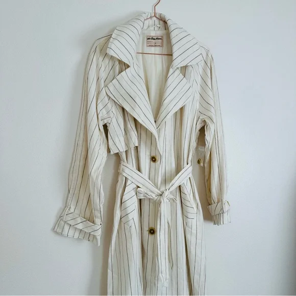 New free people Melia Mac Coat long sleeve boho linen blend plaid ecru striped - Picture 11 of 11